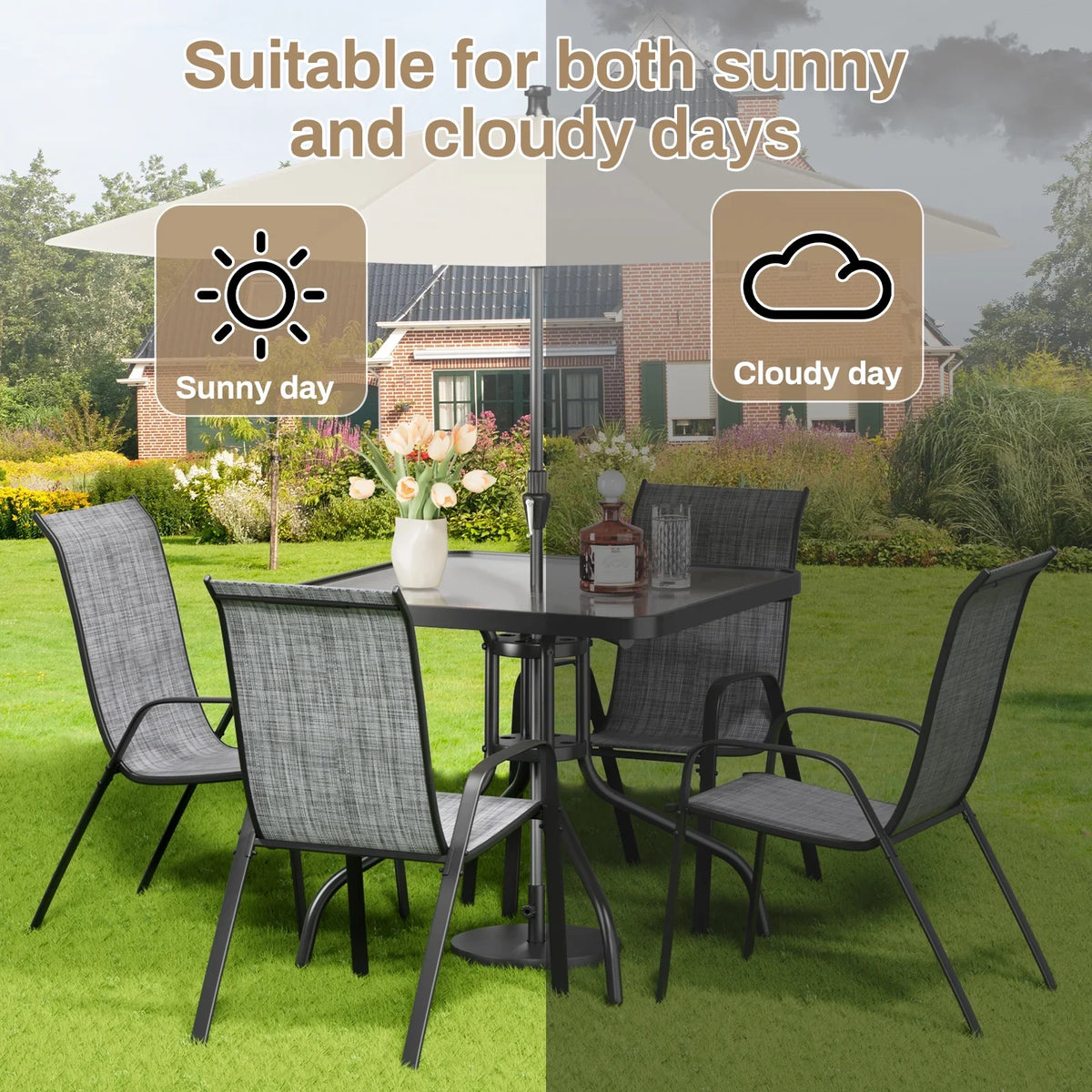 2026 NewPirecart 5-Piece Outdoor Patio Dining Table Set with 4 Stackable Textilene Chairs for for Patio, Lawn, Garden, Gray