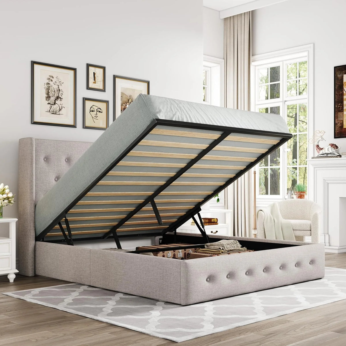 Queen Size Lift Up Storage Bed, Modern Wingback Headboard, Hydraulic Support, No Box Spring Needed, Light Beige