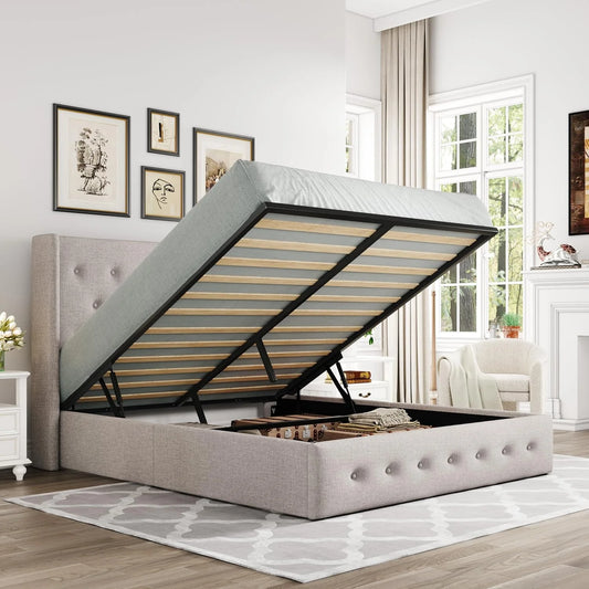 Queen Size Lift Up Storage Bed, Modern Wingback Headboard, Hydraulic Support, No Box Spring Needed, Light Beige