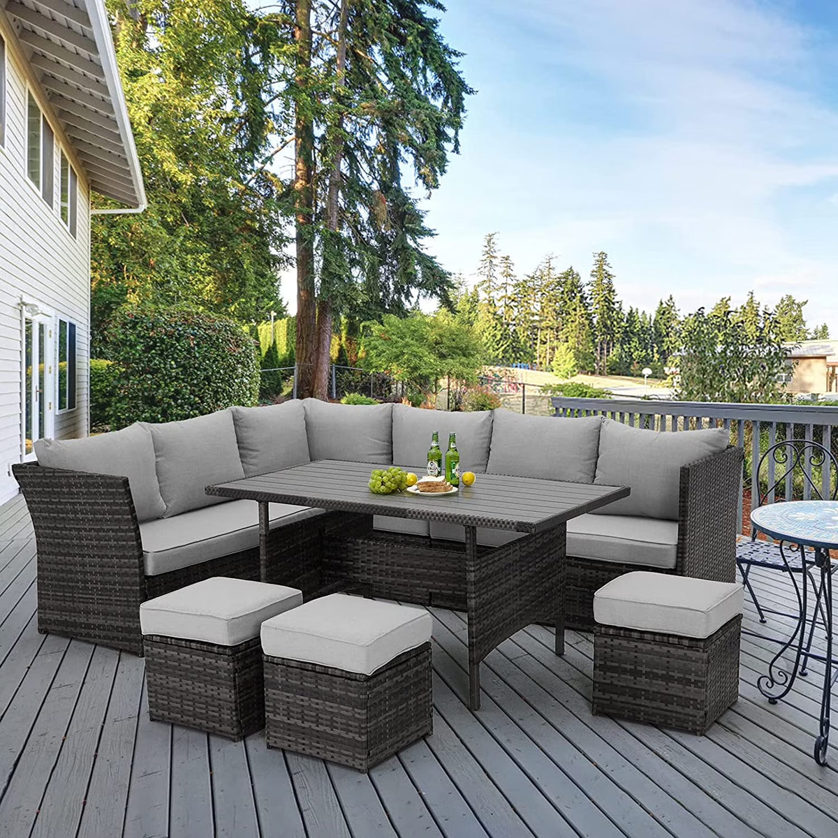 2026 NewAECOJOY 7 Piece Patio Furniture Set PE Rattan Outdoor Dining Set Sectional Sofa Couch with Table Patio Conversation Set in Gray