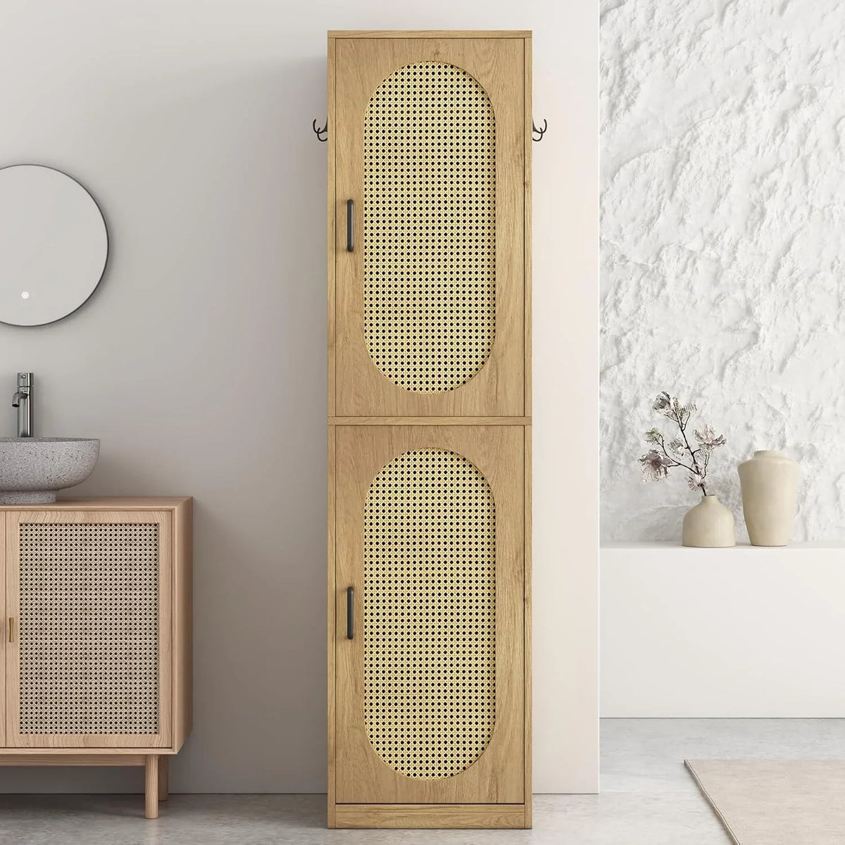 2026 New66-Inch Bathroom Storage Cabinet with Rattan Doors, Bath Room Organizer Floor Cabinets Brown
