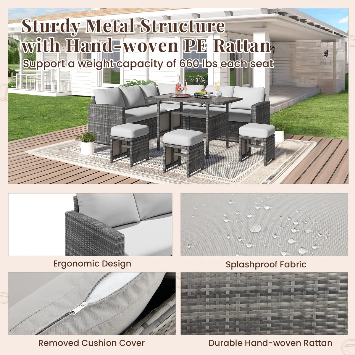 2026 NewAECOJOY 7 Piece Patio Furniture Set PE Rattan Outdoor Dining Set Sectional Sofa Couch with Table Patio Conversation Set in Gray