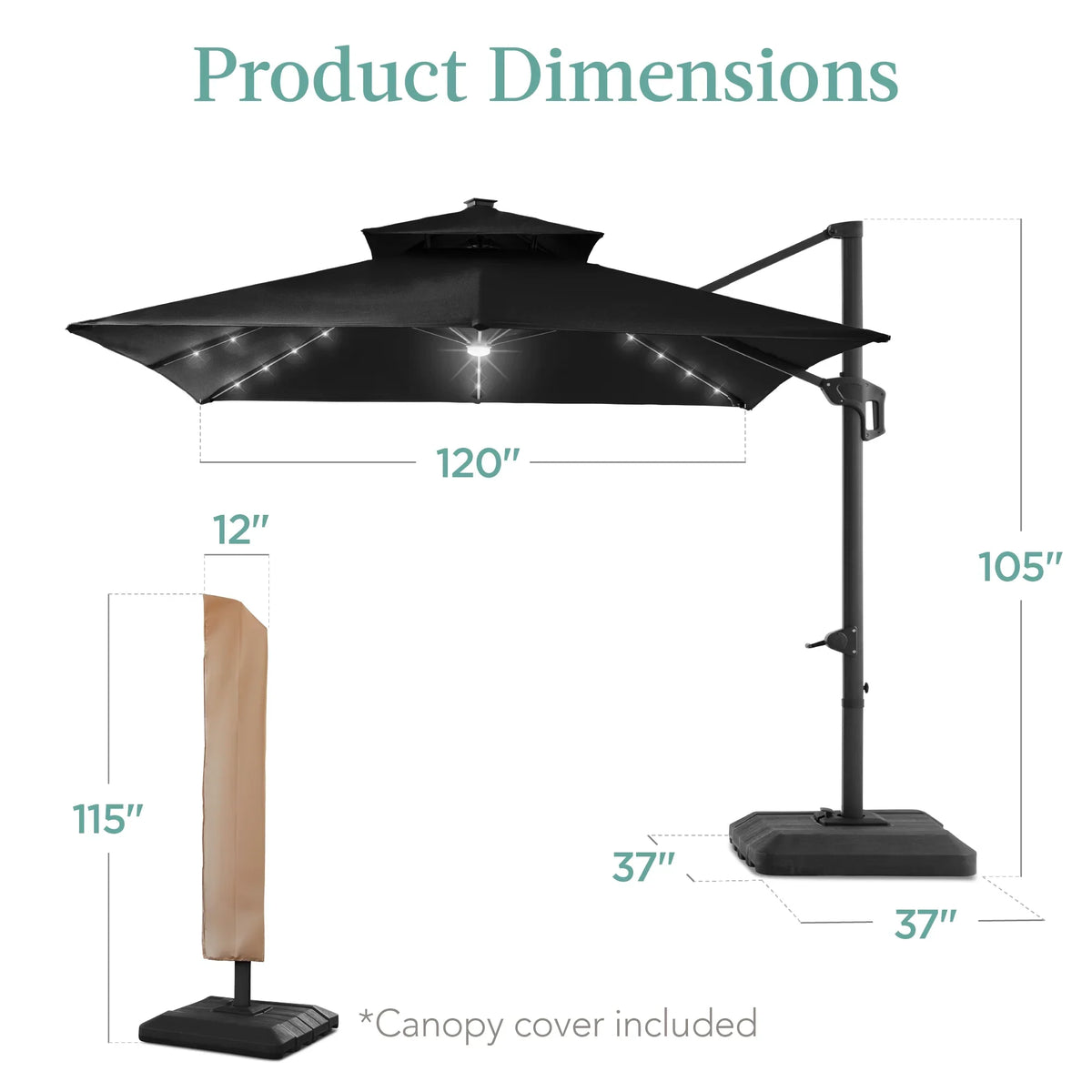 2026 NewBest Choice Products 10x10ft 2-Tier Square Outdoor Solar LED Cantilever Patio Umbrella w/ Base Included - Tan