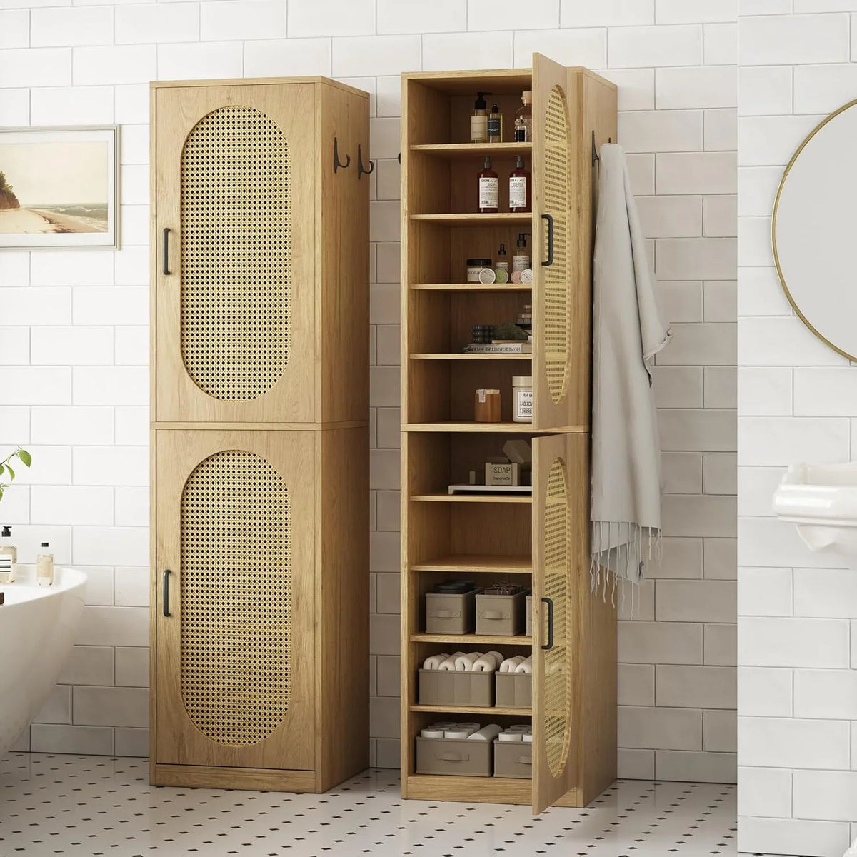 2026 New66-Inch Bathroom Storage Cabinet with Rattan Doors, Bath Room Organizer Floor Cabinets Brown
