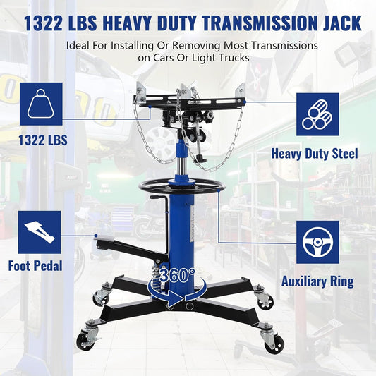 Transmission Jack 0.6Ton/1322lbs Hydraulic Telescopic Jack Double Plunger 2-Stage Floor-Standing Jack with Foot Pedal 360° Swivel Wheel Garage/Workshop/Car Lift