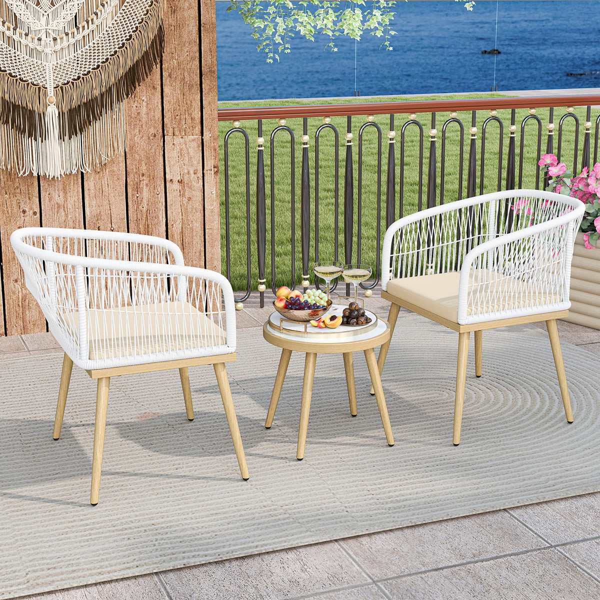 Gymax 3 Pieces Patio Bistro Set Outdoor PE Wicker Conversation Furniture Set