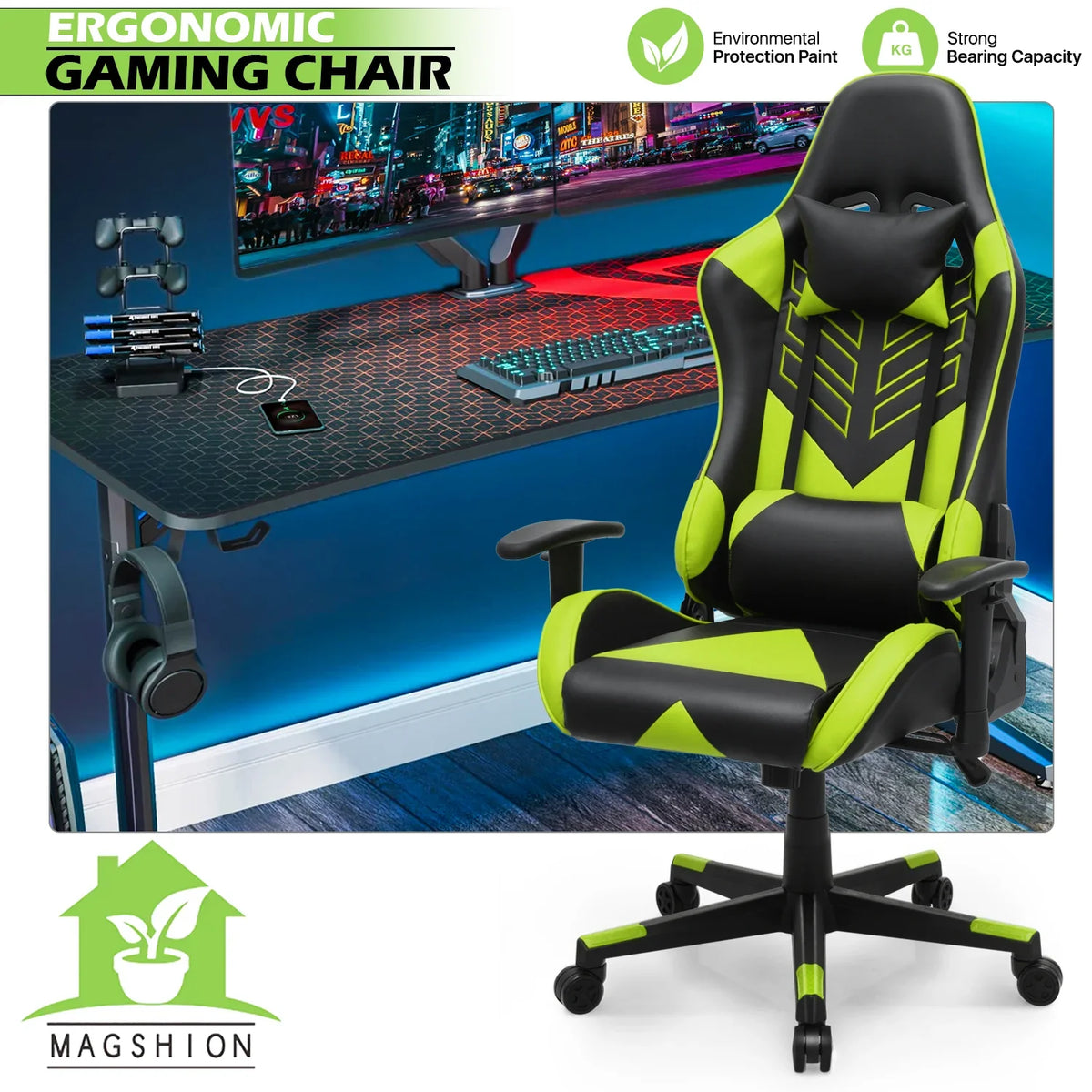 2026 NewMagshion Ergonomic Gaming Chair, Comfortable Gaming Chair, Computer Chair Leather Desk Chair Adjustable Swivel Gaming Office Chair, Blue