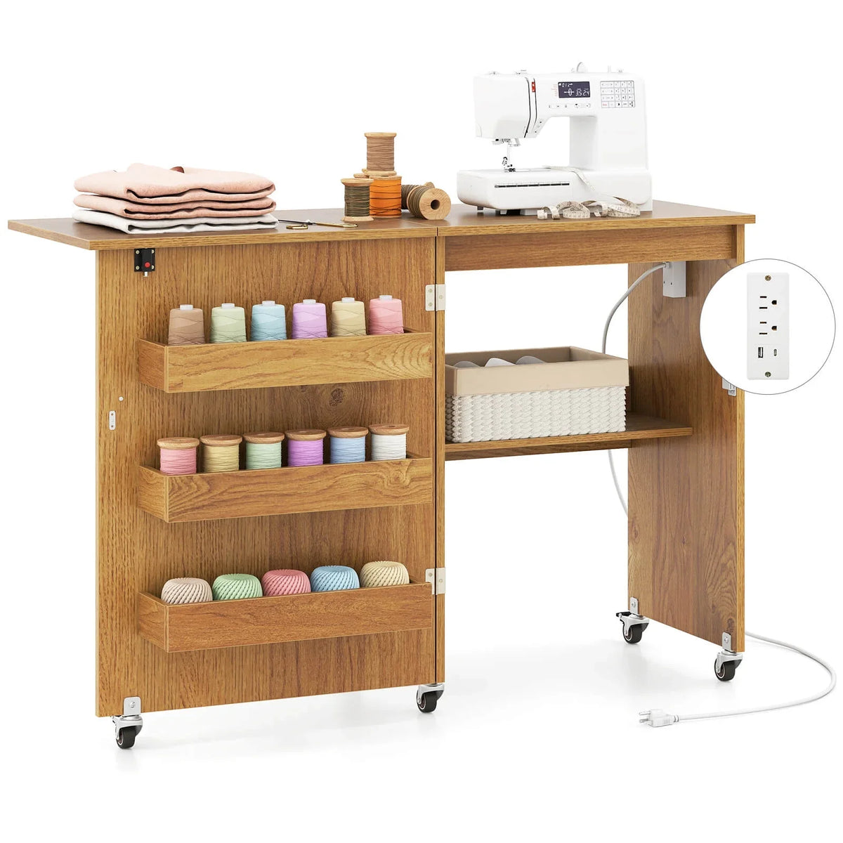 2026 NewCostway Folding Sewing Table Rolling Craft Station with 3 Storage Bins & Charging Station Natural