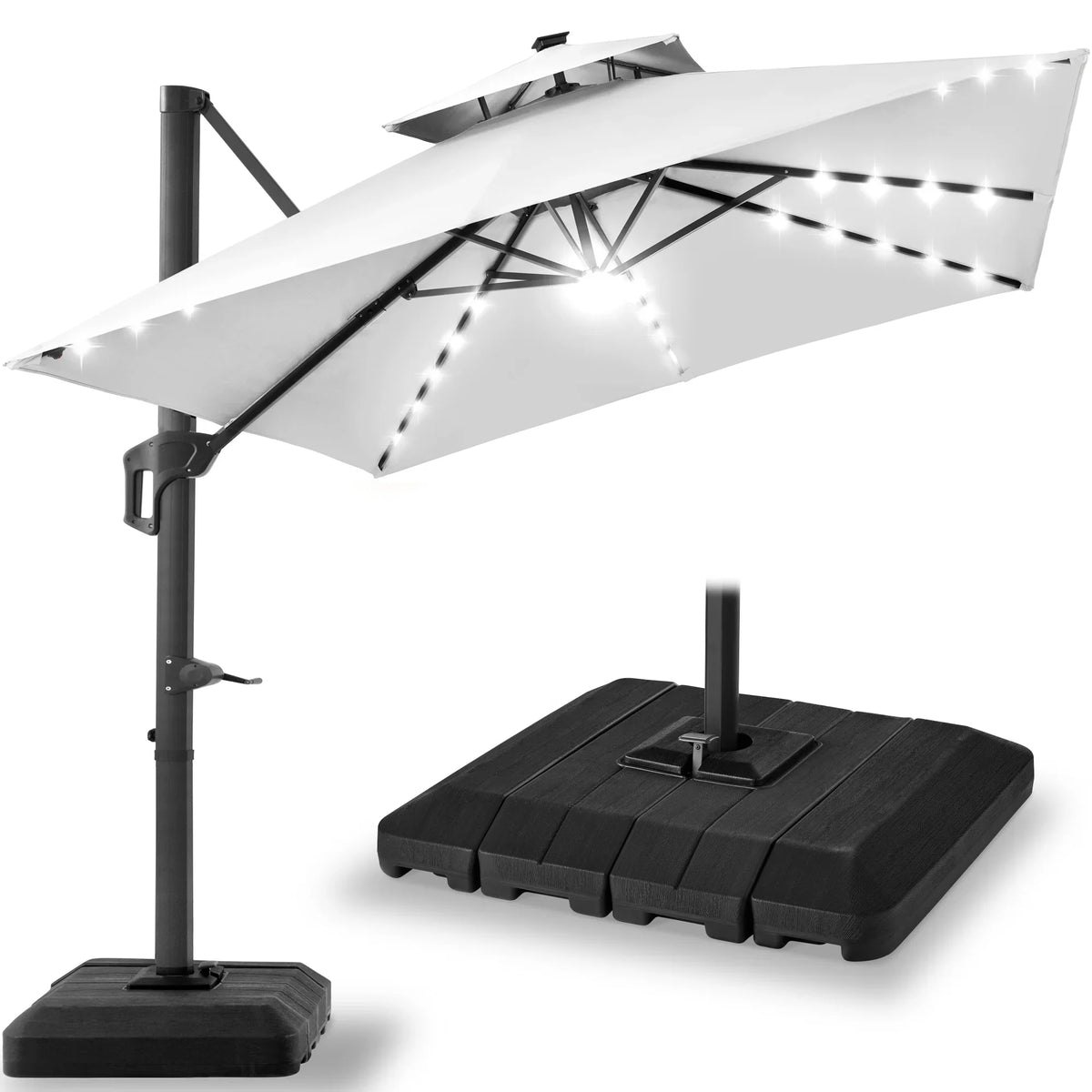2026 NewBest Choice Products 10x10ft 2-Tier Square Outdoor Solar LED Cantilever Patio Umbrella w/ Base Included - Tan