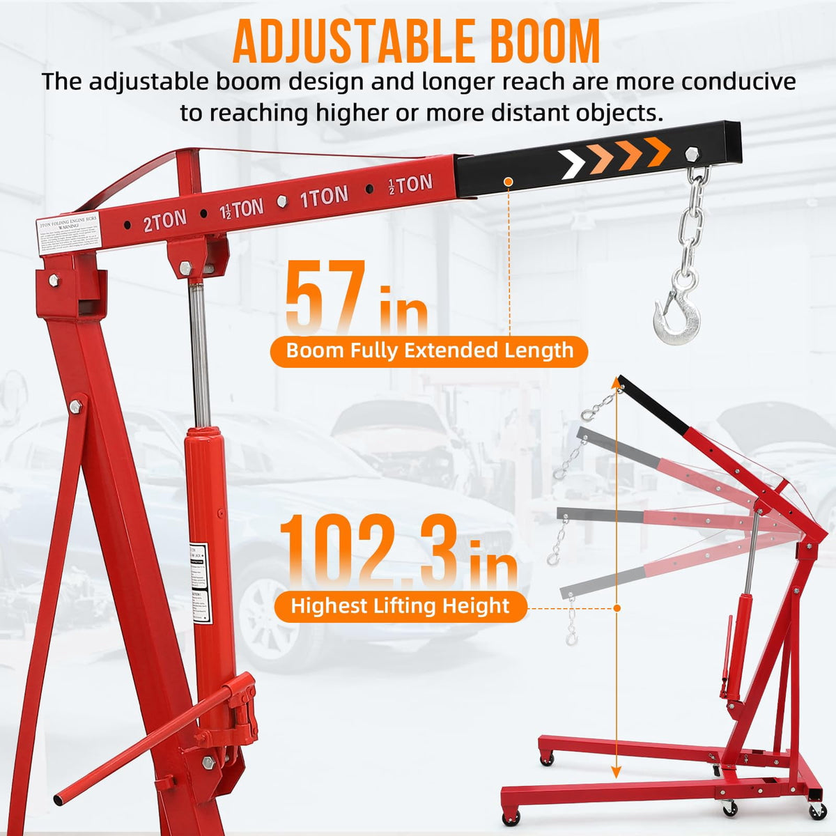 Yiwa Foldable 2 Ton Engine Hoist, Cherry Picker with Four Adjustable Positions and Wheels, 4400 Lbs Maximum Lift, Designed for Efficient Industrial and Workshop Applications