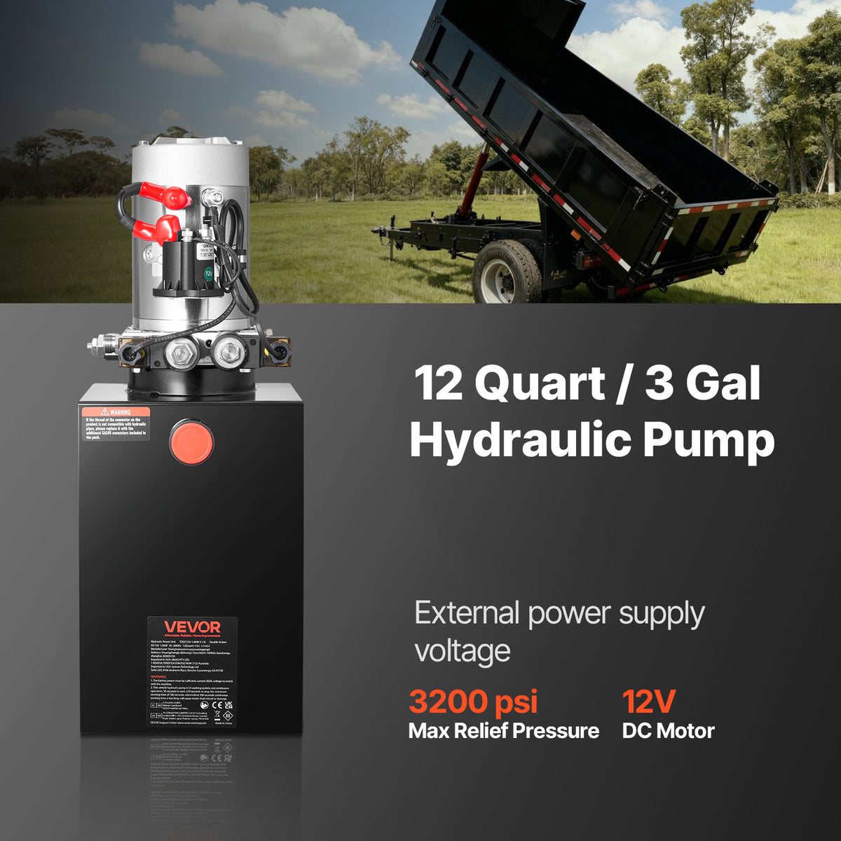 VEVOR 12 Quart Hydraulic Power Unit, Double Acting Dump Trailer Pump, 3200 PSI Max Relief Pressure & 0.91 GPM Flow Rate, DC 12V Hydraulic Pump with Metal Reservoir for Dump Trailer Car Lifting