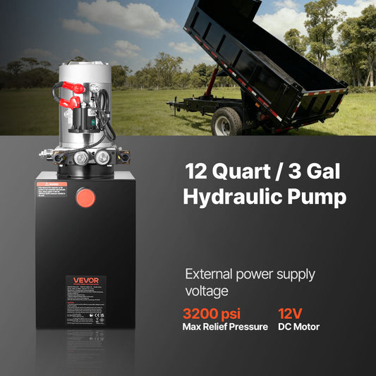 VEVOR 12 Quart Hydraulic Power Unit, Double Acting Dump Trailer Pump, 3200 PSI Max Relief Pressure & 0.91 GPM Flow Rate, DC 12V Hydraulic Pump with Metal Reservoir for Dump Trailer Car Lifting