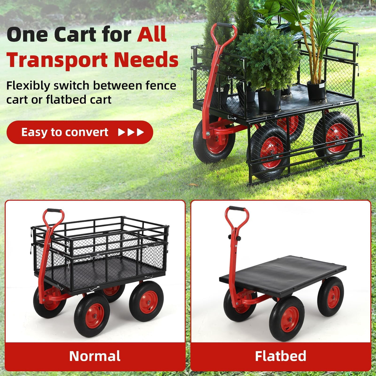 EDTara Steel Garden Dump Cart, Heavy Duty Utility Wagon with Removable Side Panels, 180° Adjustable Handle and 16 Inch All Terrain Wheels for Yard and Farm Tasks