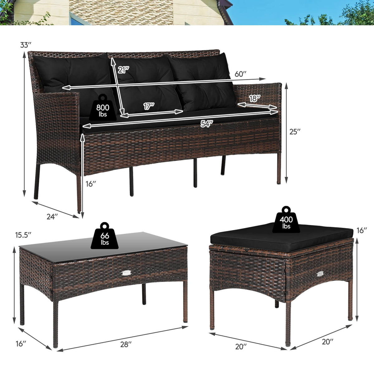 Costway 3 PCS Patio Rattan Furniture Set 3-Seat Sofa Cushioned Table Garden Black