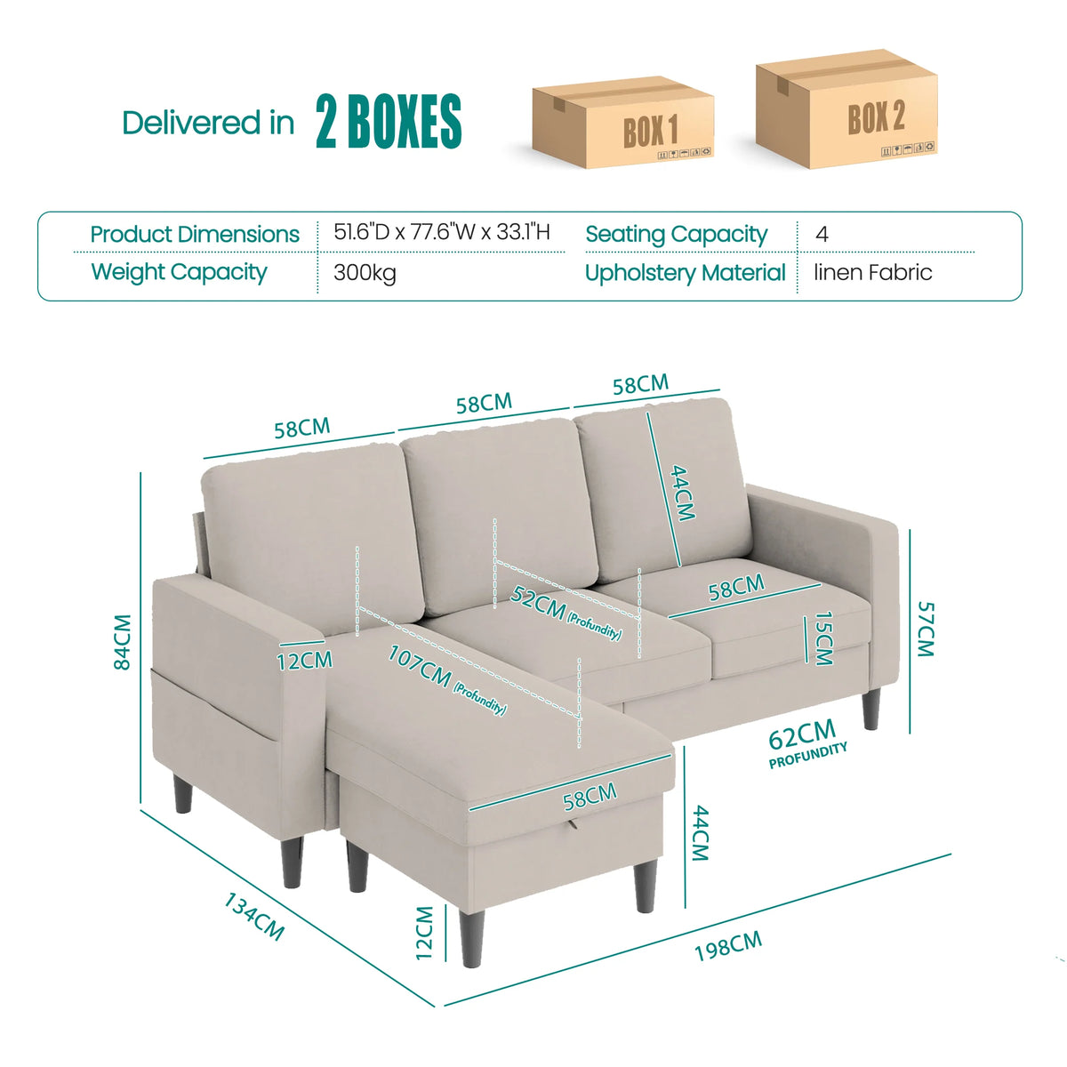 3 Seater Sofa Lounge Set Beige