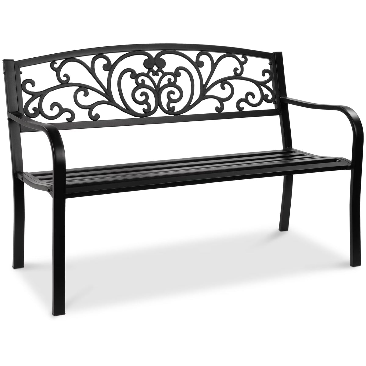 2026 NewBest Choice Products Outdoor Steel Bench Garden Patio Porch Furniture w/ Floral Design Backrest - Black