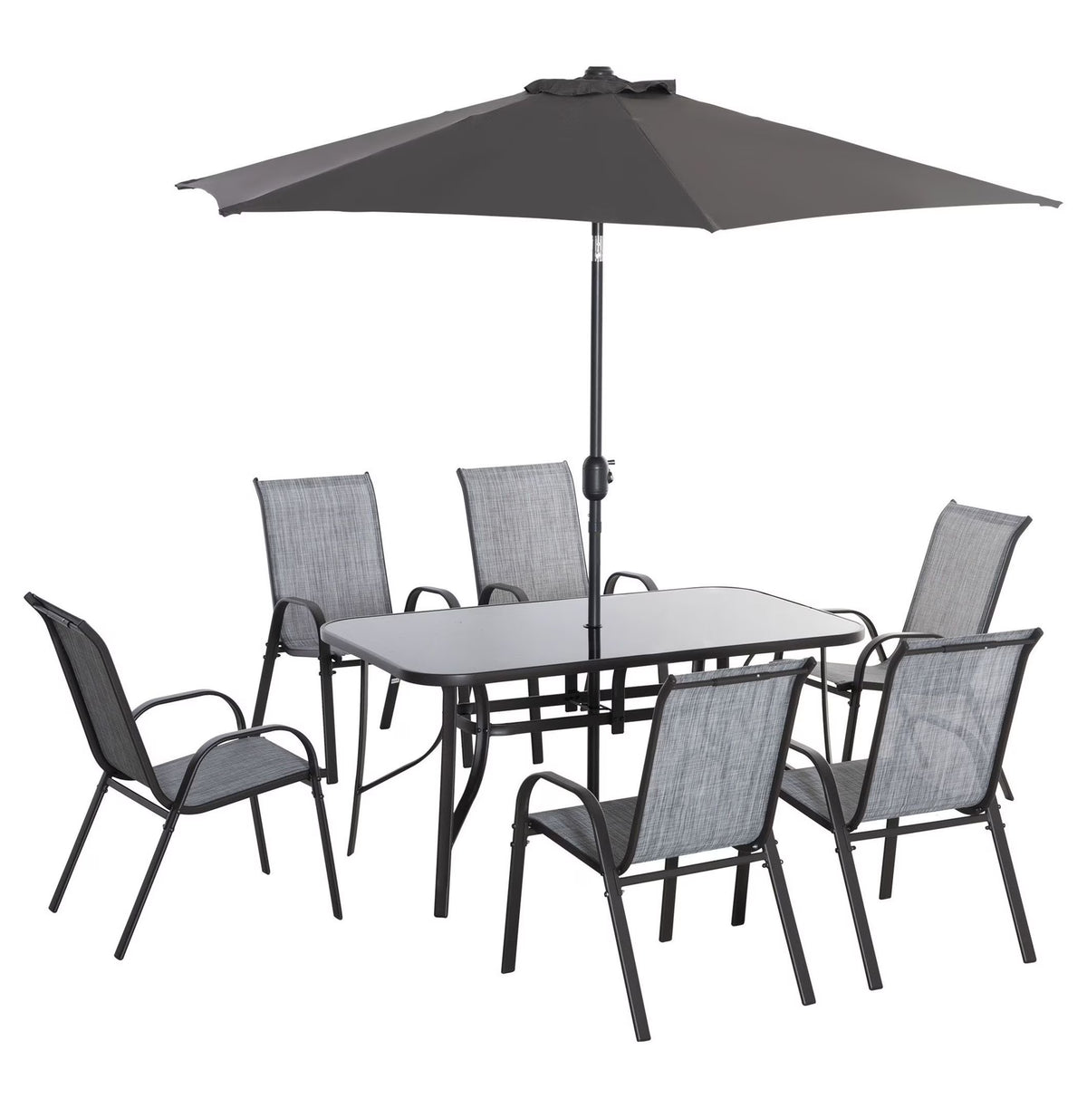 2026 New8-Piece Outdoor Dining Set with Umbrella, Patio Table and Chairs, Fast-Dry Fabric, 6 Chairs, Grey