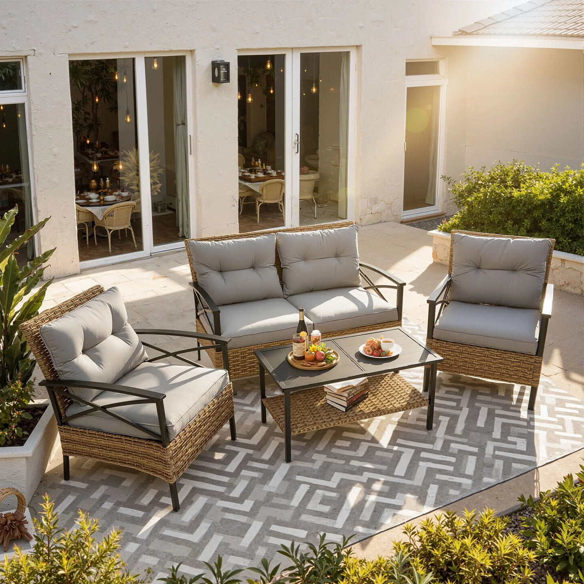 2026 NewHeavy-duty Patio Furniture Set, 4 Piece Outdoor Sectional Conversation Sets, BrownPE Rattan Patio Sofa Set with Blue Cushions