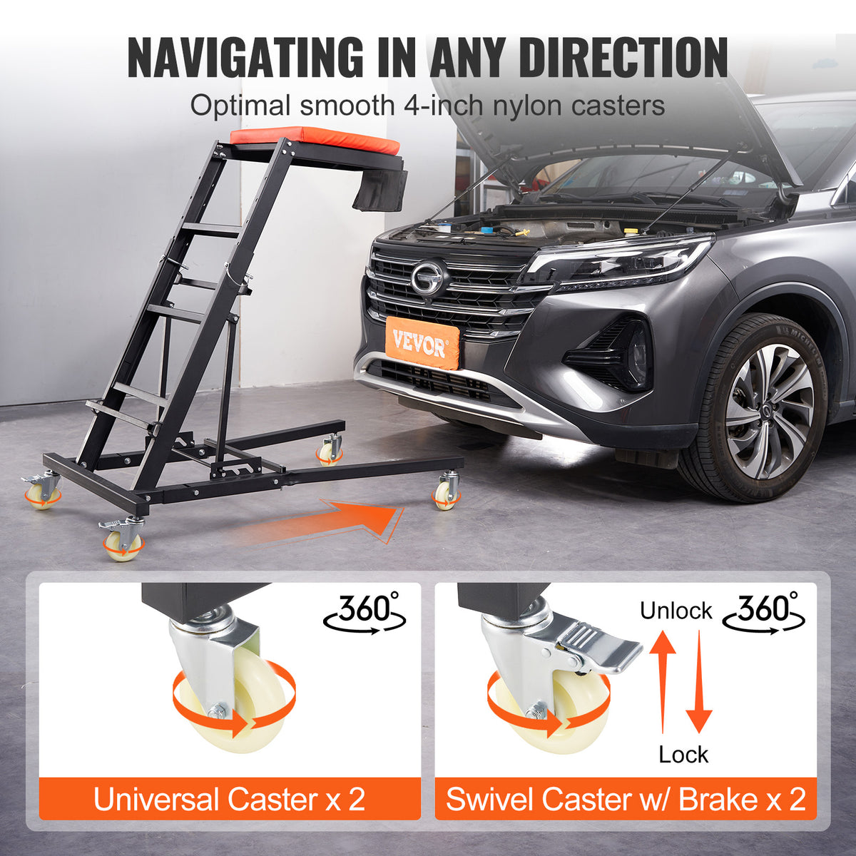 VEVOR Automotive Topside Creeper, Engine Creeper 42.5"-64.8", 400 LBS Capacity High Top Creeper, 4 Swivel Caster Wheels, Padded Deck, Foldable Creeper for Home Garage, Workshop Repair Maintenance