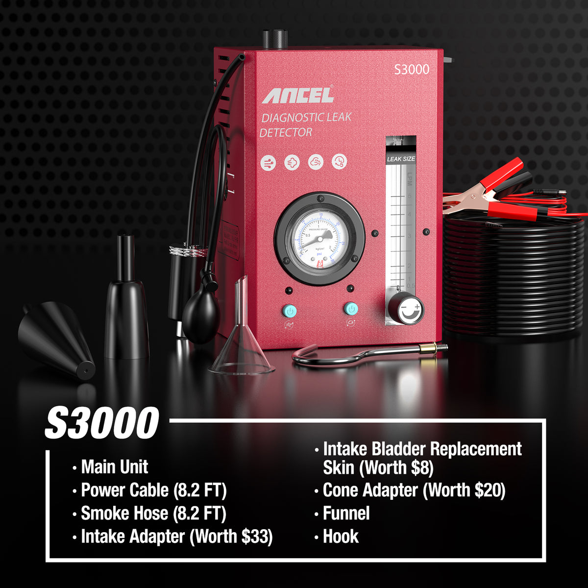 ANCEL S3000 Car Smoke Leak Detector Automotive EVAP Smoke Machine Dual Mode Leakage Analyzer Pipe Leakage Tester Locator with Oil Level Gauge & Air Flowmeter for Cars Motorcycles All Systems Pipes