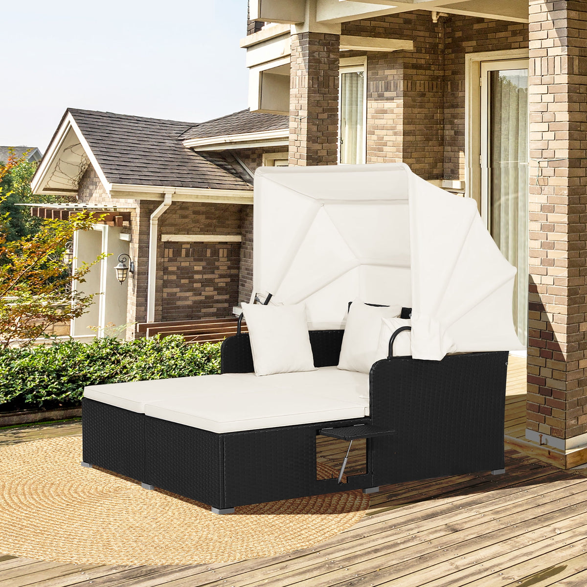 Gymax Patio Hand-Woven PE Wicker Daybed Outdoor Loveseat Sofa Set w/ Off White Cushions