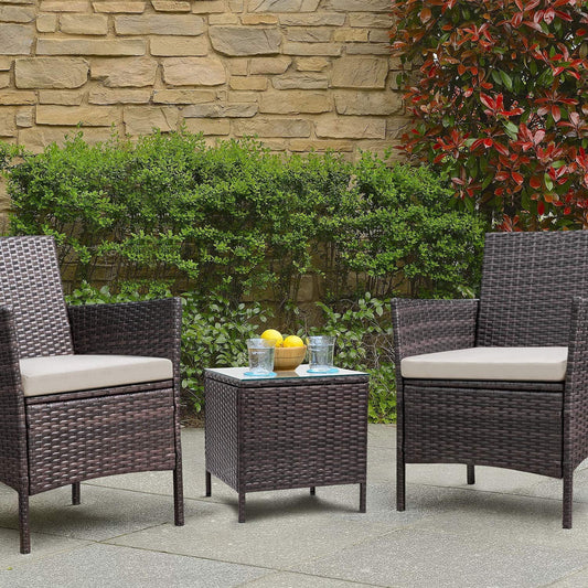 Homall 3 Pieces Outdoor Patio Furniture PE Rattan Wicker Table and Chairs Set Bar Set with Cushioned Tempered Glass, Brown/Beige, 2