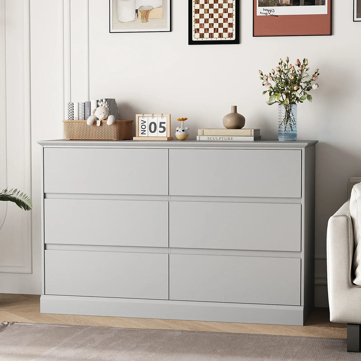 2026 NewWhite Dressers Bedroom Dresser 6 Drawer Storage Chest of Drawers Double Dresser Storage Side Cabinet Room Furniture for Bedroom Living Room
