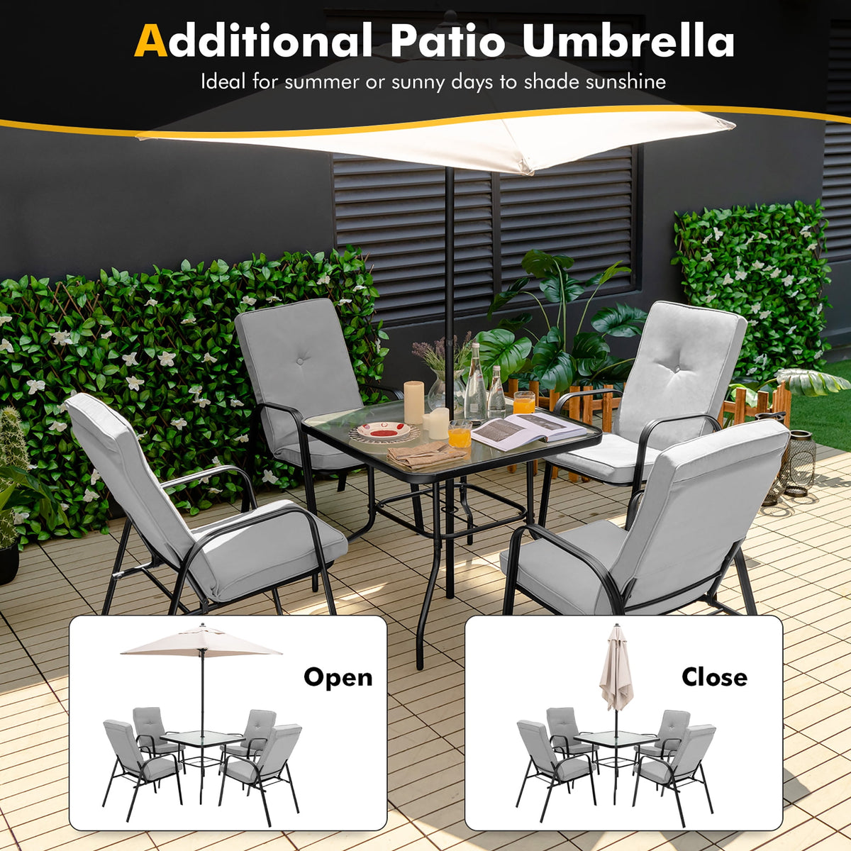 Gymax 6PCS Outdoor Dining Set Patio Table & Chair Furniture Set w/ Cushions & Umbrella