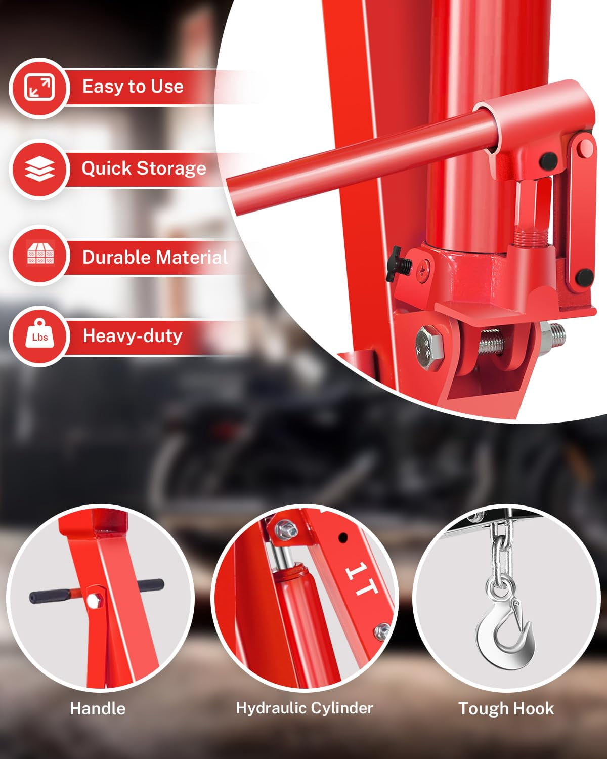 Red 2 Ton Folding Hydraulic Engine Hoist, Heavy Duty Shop Crane with 6 Locking Casters and 4 Boom Positions for Garage and Workshop