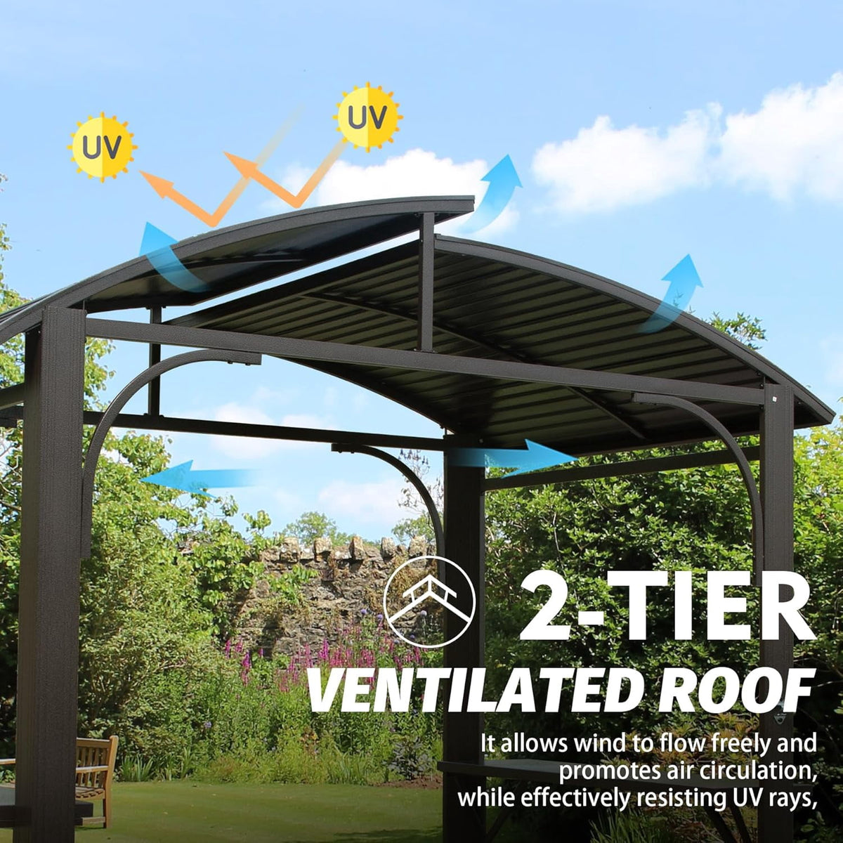 Domi Outdoor Living8x5FT Hardtop Grill Gazebo, BBQ Canopy with Double Galvanized Steel Roof & 2 Side Shelves for Patio,Garden,Backyard, Brown