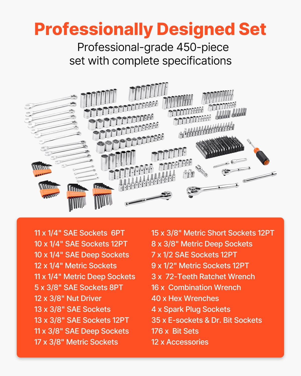 VEVOR Mechanics Tool Set Socket Set 450Pcs 1/4 3/8 1/2 in Drive Orange Drawer