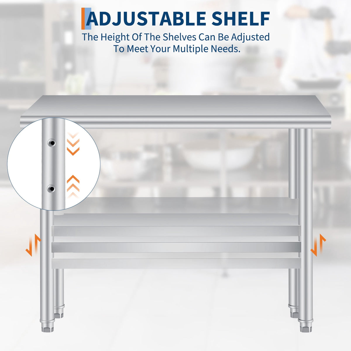 Heavy Duty Stainless Steel Outdoor Kitchen Storage Table –Commercial Prep Work Table with Adjustable Undershelf, Backsplash, Rounded Corners, Rust Resistant, NSF Certified