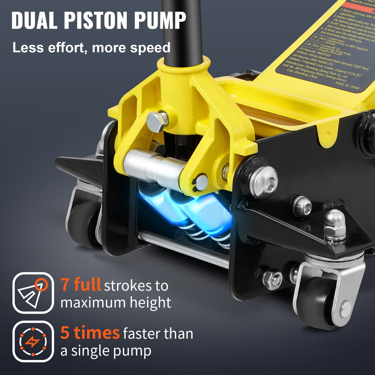 KFFKFF Floor Jack, 3 Ton Compact Ground Jack, Robust Steel Sport Ground Jack with Twin Pistons Rapid Elevate Pump, Elevation Range 3.35"-19.69"