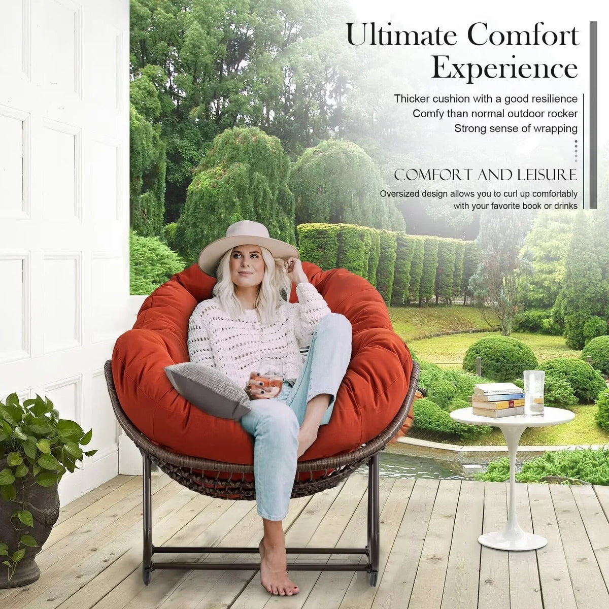 2026 NewOutdoor Papasan Rocking Chair, Patio Oversized Wicker Egg Rocking Chair, Indoor & Outdoor Comfy Rocker Chair with Thick Cushion, Modern Lounge Chair for Front Porch, Garden, Backyard, Grey
