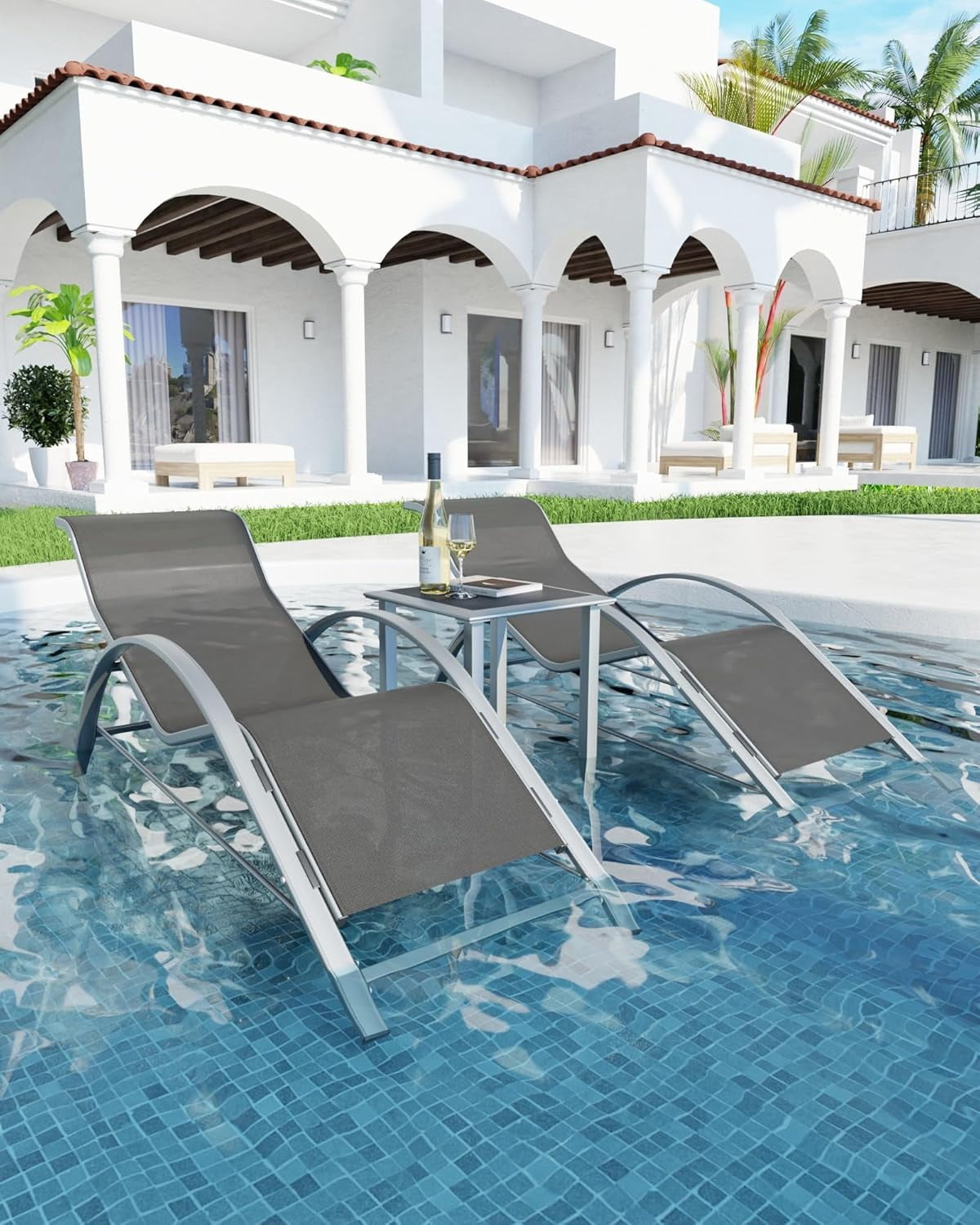 3-Piece Outdoor Chaise Lounge Chair Set – Adjustable Aluminum Recliners with Table – Heavy-Duty, Weather-Resistant for Poolside, Patio, Garden, Beach, Grey
