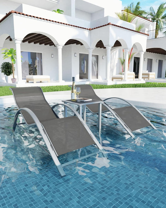 3-Piece Outdoor Chaise Lounge Chair Set – Adjustable Aluminum Recliners with Table – Heavy-Duty, Weather-Resistant for Poolside, Patio, Garden, Beach, Grey