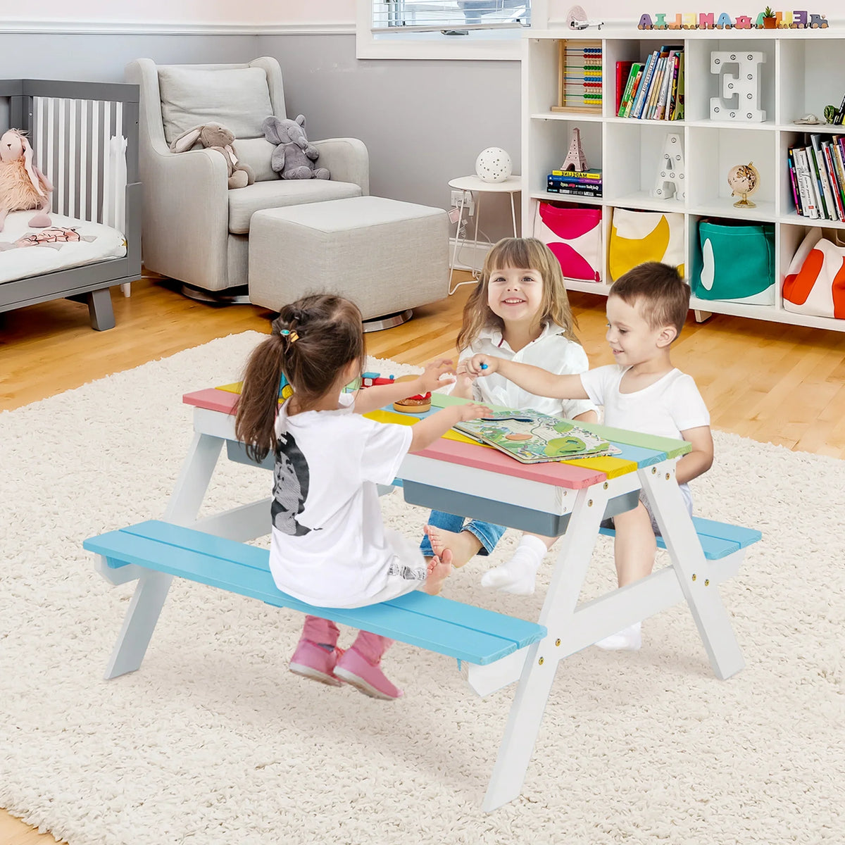 2026 NewCostway 3-in-1 Kids Picnic Table Wooden Outdoor Sand & Water Table with Umbrella Play Boxes Green