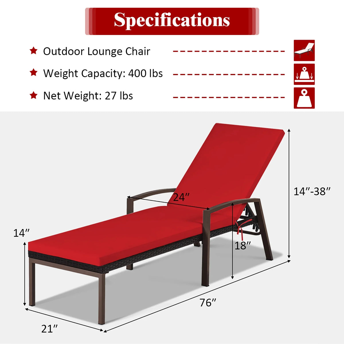 2026 NewCostway 2PCS Patio Rattan Lounge Chair Chaise Recliner Back Adjustable Cushioned Red