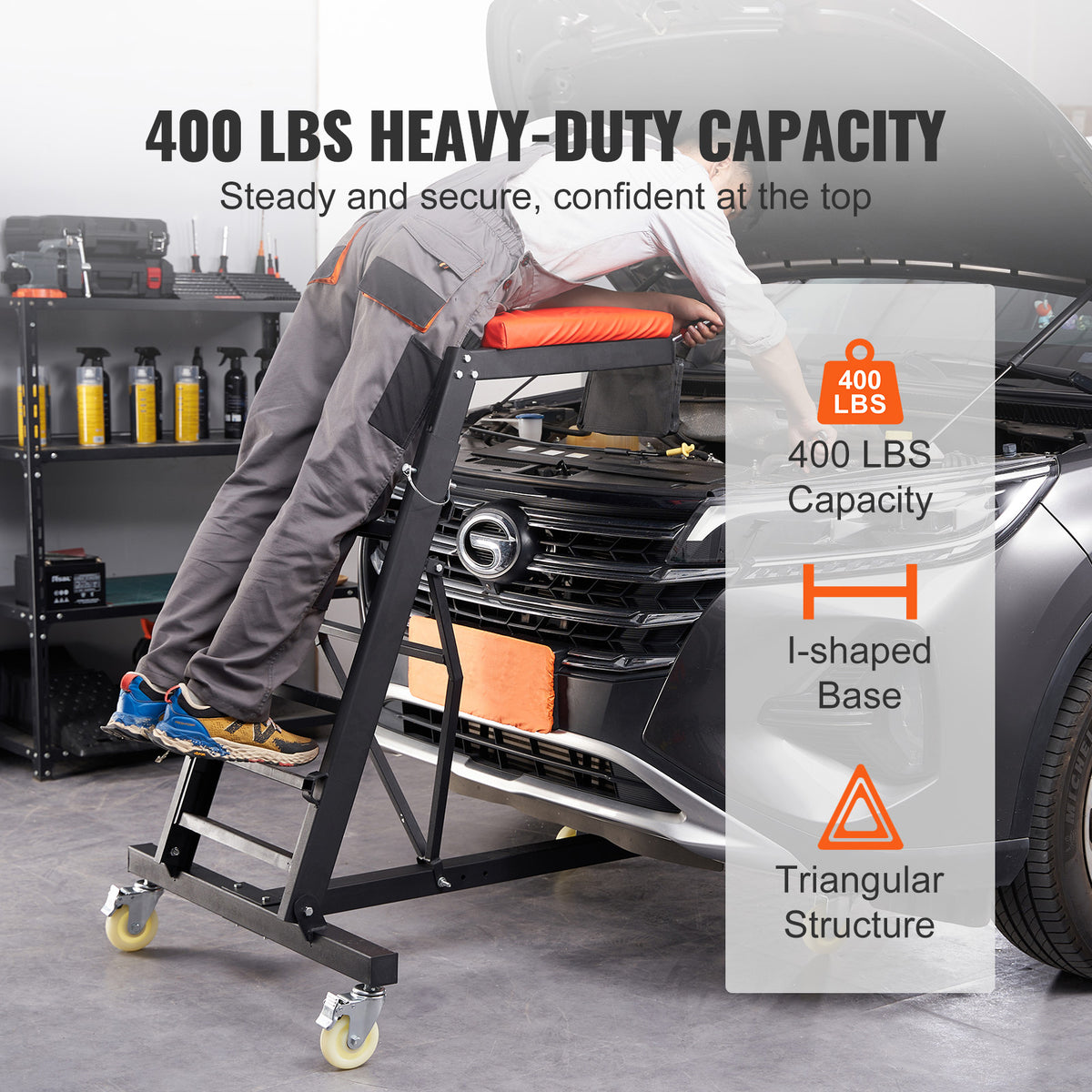 KFFKFF Superior Car Creeper, Mechanic's Creeper with Variable Height 45.7" to 66.3", 400 LBS Load Capacity, 4 Rotating Caster Wheels, Robust Collapsible Creeper for Vehicle Servicing and Upkeep