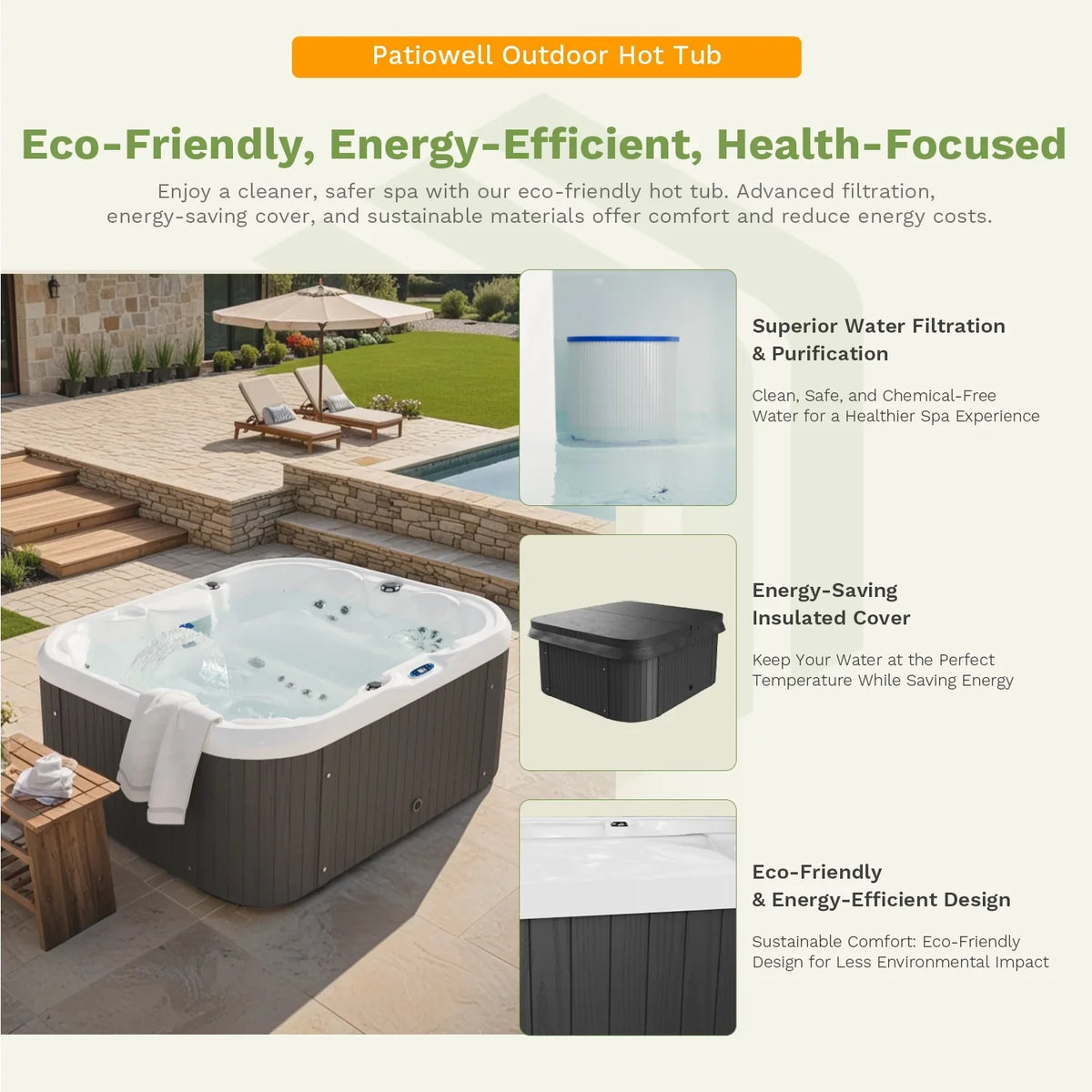 2026 NewPatiowell 2 Person Home Spa Hot Tub for Outdoor, with 41pcs Massage Jets, LED lighting, Built-In Water Purification System, 900L, Black