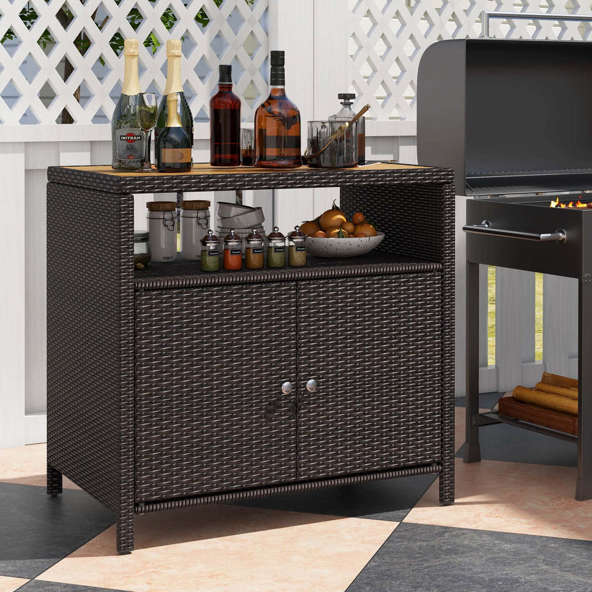 Costway Patio Rattan Storage Cabinet with Acacia Wood Countertop Open Shelf 2 Door Cabinet Mix Brown