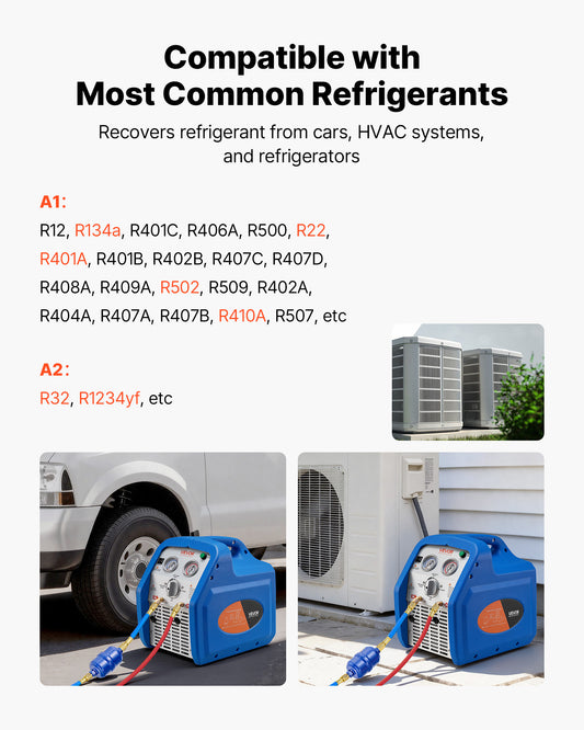 VEVOR Portable Refrigerant Recovery Machine, 1 HP 120V 60Hz Dual Cylinder AC Recovery Machine, 1750 RPM Recycling Unit HVAC