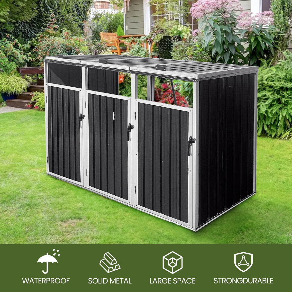 2026 NewAukfa 7.3' W Outdoor Garbage Bin Storage, Metal Storage Shed for 3 Trash Cans Tools, Waterproof Trash Can Storage