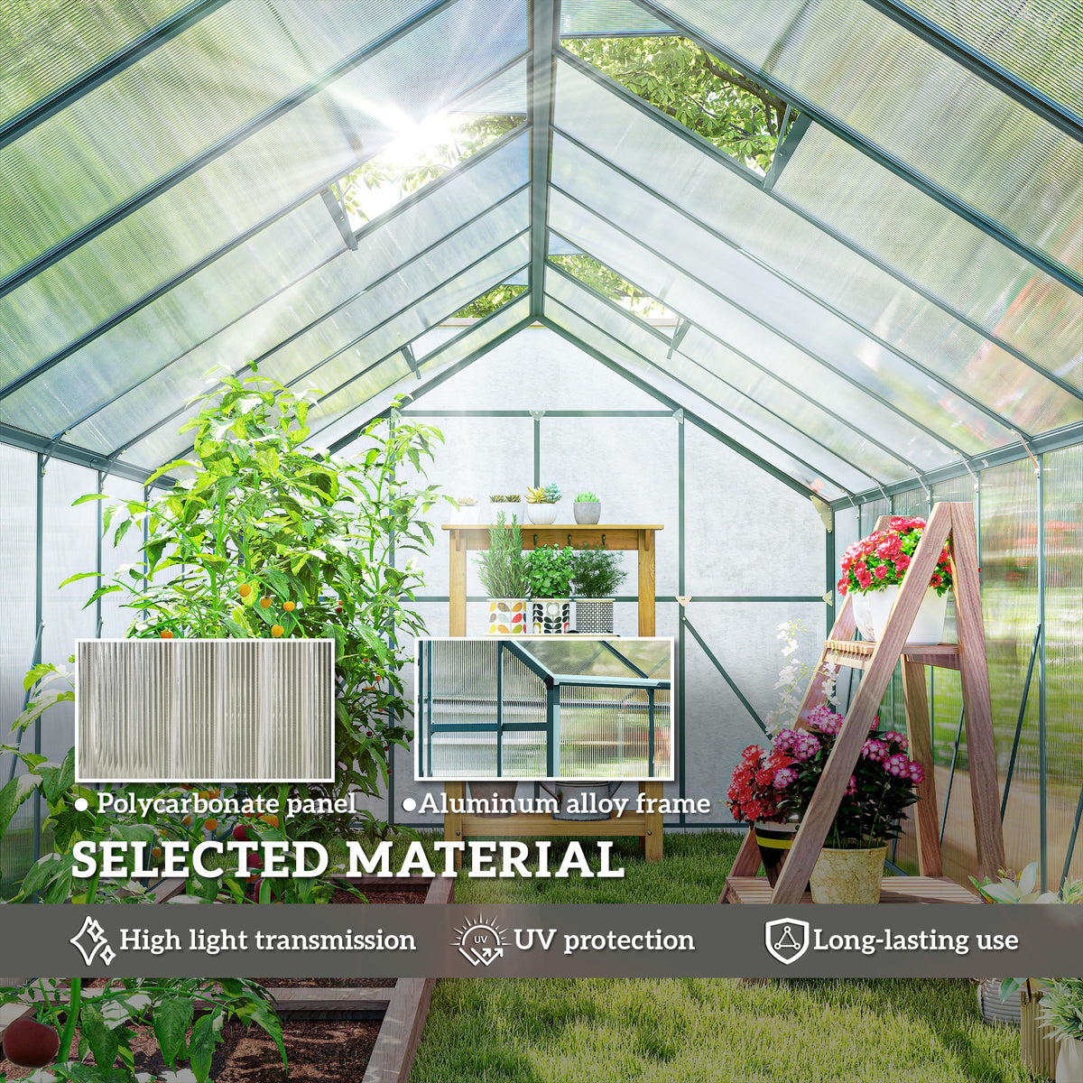 Outsunny Greenhouse Polycarbonate Greenhouse with Rain Gutter, Green