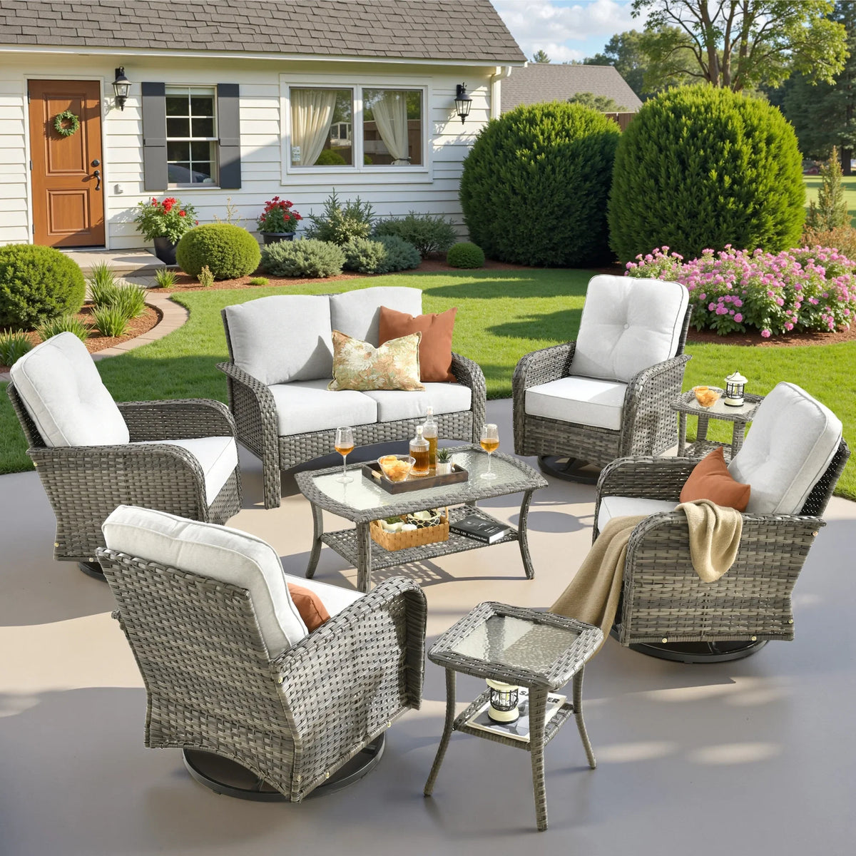 2026 NewOvios 5 Pieces Outdoor Patio Furniture Set High Back All Weather Wicker Conversation Set with Swivel Chairs & Coffee Table, Dark Gray