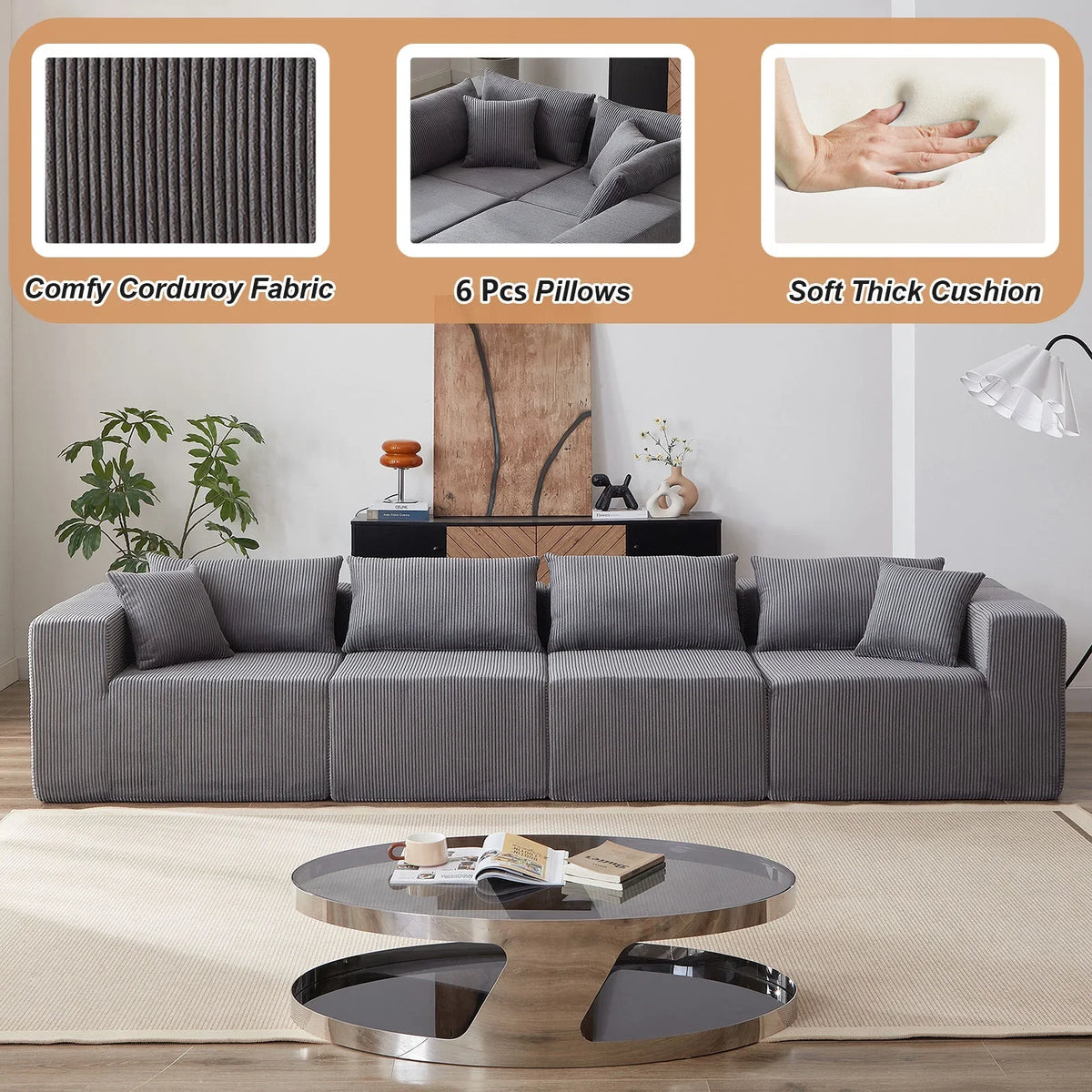 2026 New104-Inch Corduroy Modular L Shaped Sectional Sofa,Luxury Floor Couch Set,Upholstered Indoor Furniture,Foam-Filled Compressed Sofa for Living Room,Bedroom,4 PC Free Combination