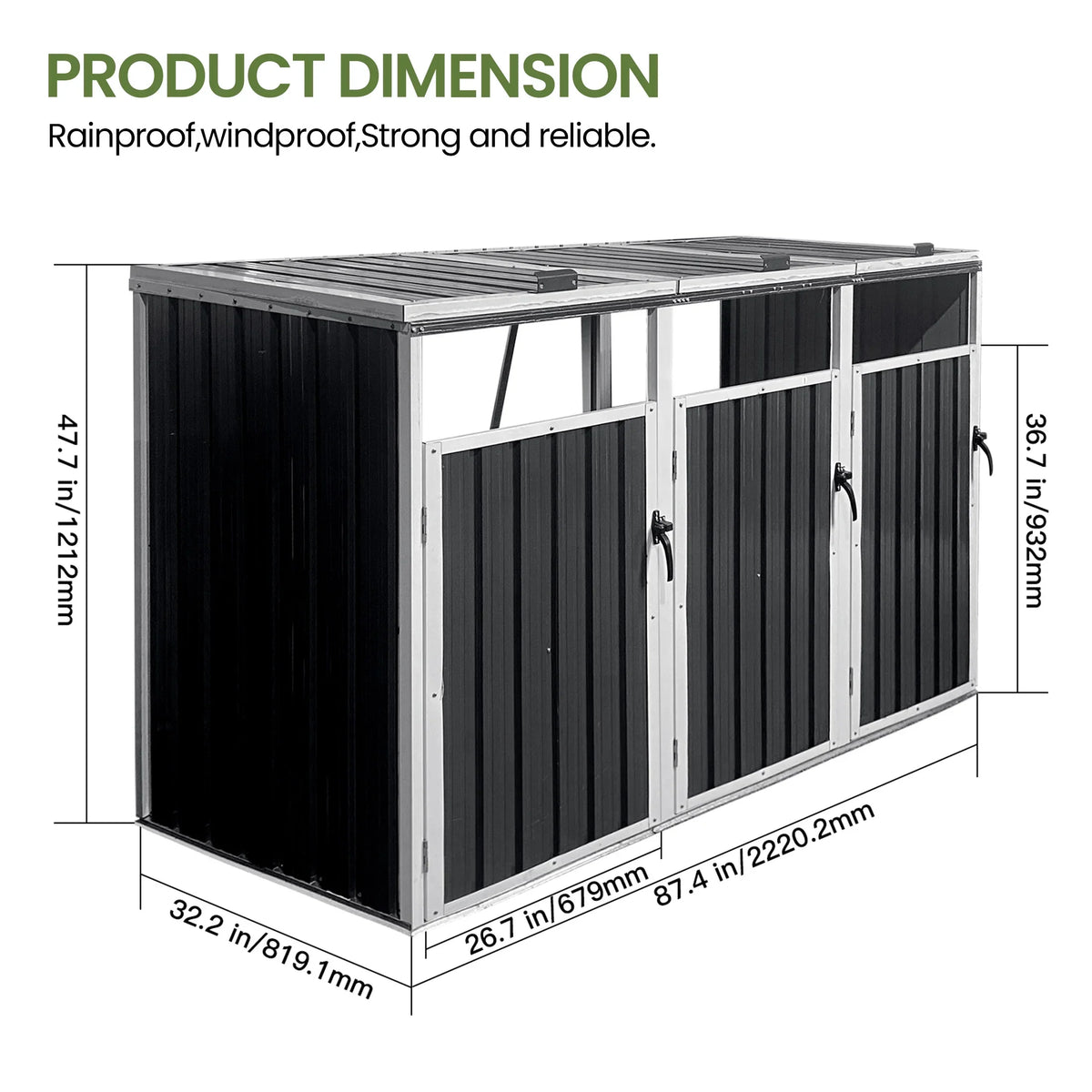 2026 NewAukfa 7.3' W Outdoor Garbage Bin Storage, Metal Storage Shed for 3 Trash Cans Tools, Waterproof Trash Can Storage