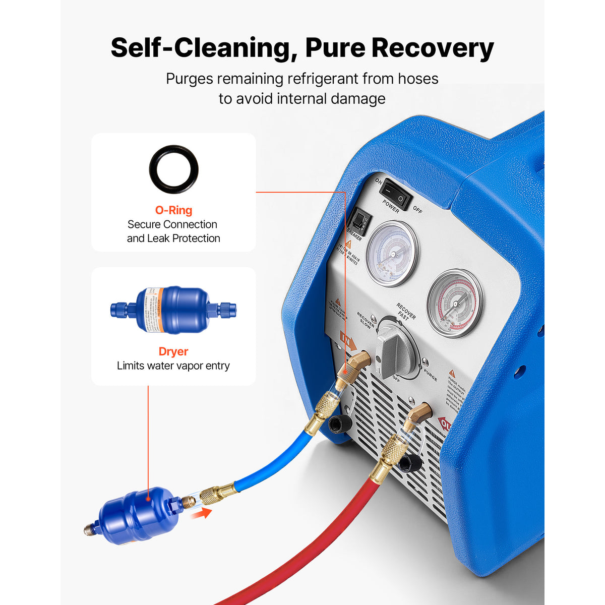 KFFKFF Portable Refrigerant Recovery Machine, 3/4 HP 120V 60Hz Single Cylinder AC Recovery Machine for Liquid Vapor Refrigerant, 1750 RPM Recycling Unit HVAC