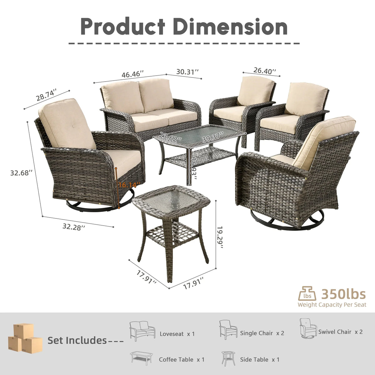 2026 NewOvios 5 Pieces Outdoor Patio Furniture Set High Back All Weather Wicker Conversation Set with Swivel Chairs & Coffee Table, Dark Gray