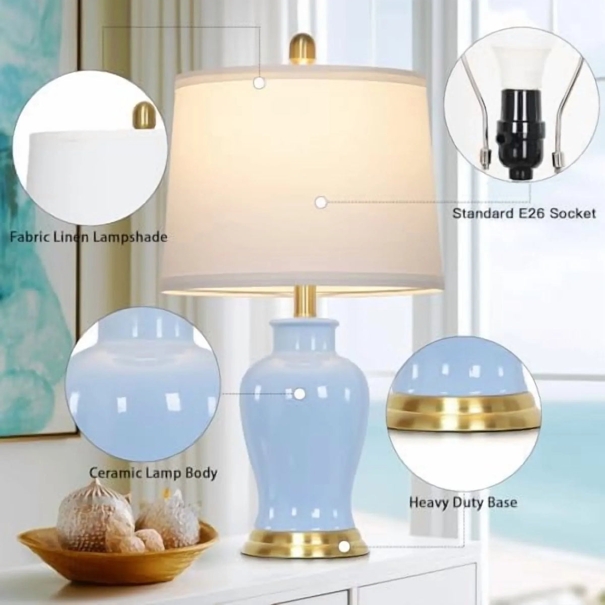 2026 NewModern Ceramic Table Lamps Set of 2, 23" White Ceramic Lamps for Living Room, Rustic Farmhouse Bedside Lamp with Ginger Jar Design, Elegant Bedroom Lamp for Nightstand Desk Side End Table Home Decor